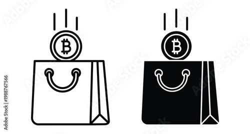 Bitcoin cryptocurrency coin falling into shopping bag icon set representing digital currency payment for retail commerce and online store transactions