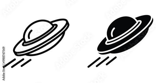 UFO flying saucer icons set with outline and solid black styles featuring motion lines for space travel and alien technology