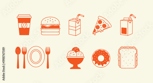 Vector Orange Food Icons Collection for Restaurant Menu with Pizza Burger Sandwich and Beverages.