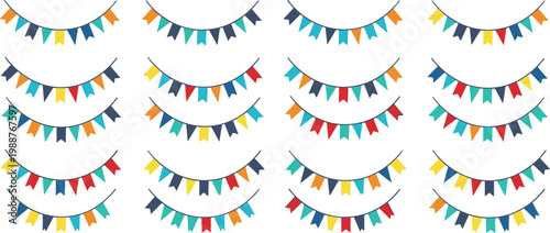 Modern Party Bunting Garland Set Featuring Hanging Decorative Flags in Navy Blue, Orange, Teal, and Yellow for Corporate Events and Festive Celebrations