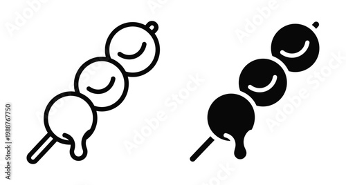 Dango Japanese mochi rice dumpling on skewer icon set with outline and solid silhouette styles for food menu and web design