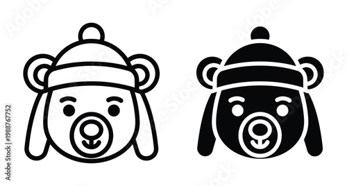Cute bear head wearing winter hat icon set with ear flaps for cold weather seasonal design elements in black outline and solid style