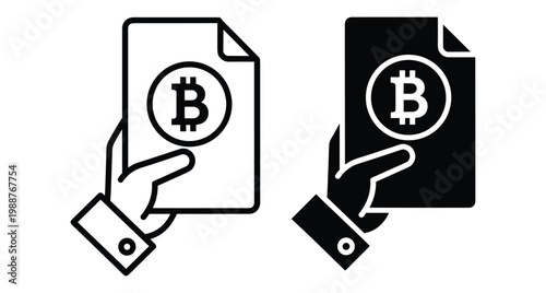 Hand holding paper document with bitcoin symbol cryptocurrency digital asset contract financial report blockchain technology transaction receipt invoice icon set