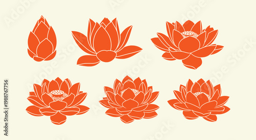 Six Orange Lotus Flower Silhouettes in Different Stages of Blooming Isolated on Cream Background