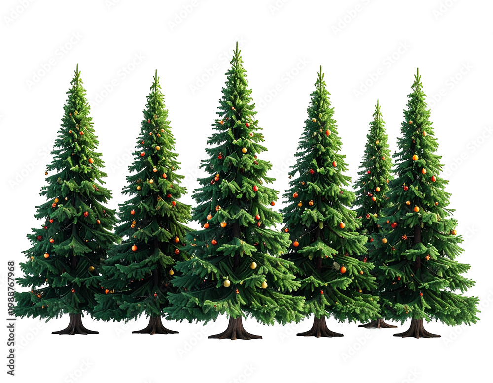 Fototapeta premium Row of lush green christmas trees with dense branches and colorful ornaments