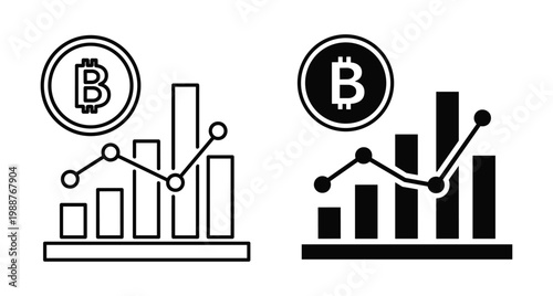 Bitcoin cryptocurrency market analysis icons showing bar charts and line graphs for financial data tracking and digital asset investment growth