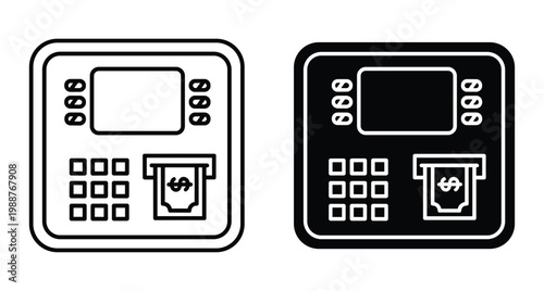 Automated teller machine icon set featuring cash withdrawal dollar bill screen and keypad for banking finance and electronic transaction services