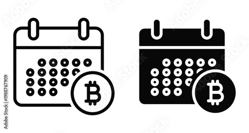 Bitcoin cryptocurrency calendar icon set showing schedule for digital currency mining investment trading financial planning and blockchain technology events management