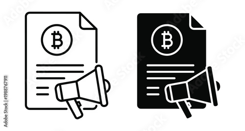 Bitcoin marketing announcement icon set featuring document with cryptocurrency symbol and megaphone for digital finance promotion and blockchain news advertising