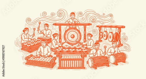 Traditional Indonesian Gamelan Music Ensemble Performance Hand Drawn Illustration Woodcut Style Art