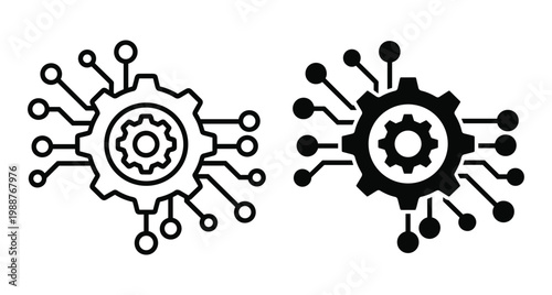 Gear and circuit board icon set representing digital automation technology process engineering system integration software development industrial smart manufacturing tools