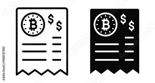 Bitcoin receipt invoice icon set showing cryptocurrency transaction details with dollar signs and billing lines in outline and solid styles
