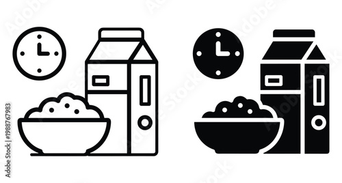 Breakfast icon set featuring a bowl of cereal with a milk carton and a clock representing morning meal time nutrition