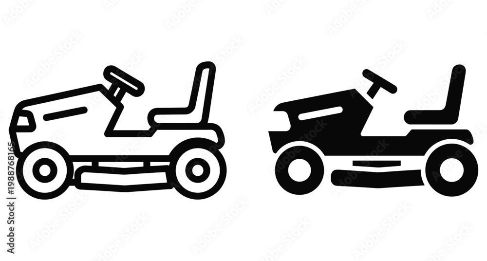 Obraz premium Riding lawn mower icon set featuring outline and solid black silhouette designs for gardening landscaping equipment and yard maintenance tools