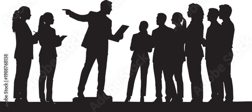 Black vector silhouette of a businessman leader pointing and giving instructions to a group of professional colleagues during a corporate meeting or presentation