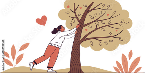 A happy woman hugging a tree with hearts in the branches