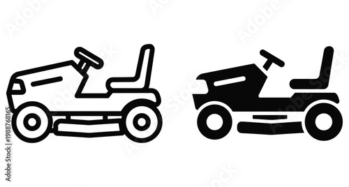 Riding lawn mower icon set featuring outline and solid black silhouette designs for gardening landscaping equipment and yard maintenance tools