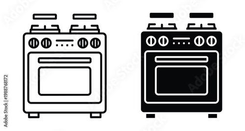 Kitchen stove oven icon set with gas burners and control knobs for cooking appliance symbol in outline and solid style