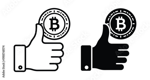Thumbs up hand holding bitcoin coin icon set representing cryptocurrency success digital finance investment growth blockchain technology and financial approval