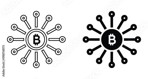 Bitcoin cryptocurrency network icon set with digital blockchain technology nodes representing decentralized finance electronic payment system and global crypto mining