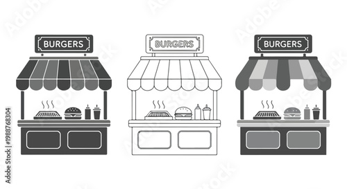 Set of black and white food truck icons with burger signs and various cooking equipment