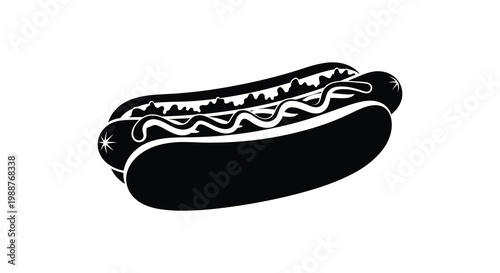 A detailed black silhouette of a hot dog with mustard and relish silhouette