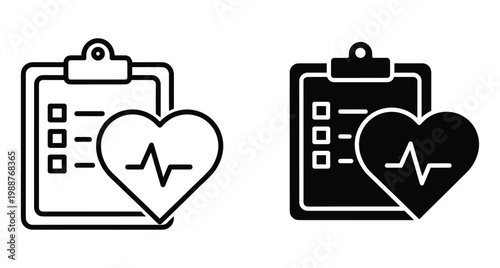 Medical clipboard icon set with heart rate monitor and health checkup list for healthcare diagnostic services and patient record management