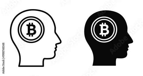 Bitcoin cryptocurrency symbol inside human head silhouette icon set representing digital finance thinking investment strategy and blockchain technology mind concept
