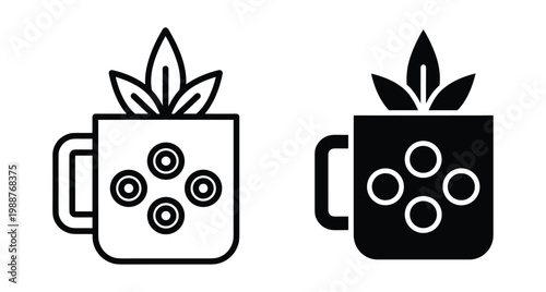 Herbal tea mug icon set featuring outline and solid black versions with organic leaves and decorative circles for healthy beverage design