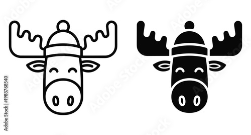 Moose head icon set wearing winter hat with antlers for christmas holiday design elements in outline and solid black style