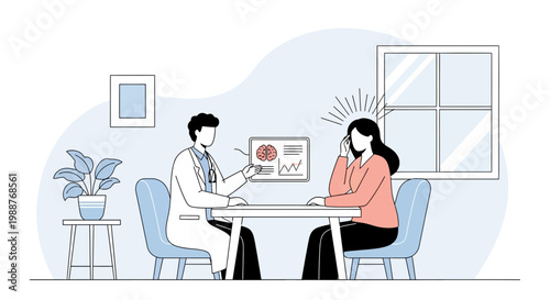 Doctor consulting patient about mental health, brain scan on display