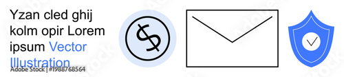 Finance, communication, security, business messaging, email protection, digital transactions. Icons include a dollar symbol, envelope and shield. Finance and communication