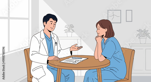 Doctor consulting patient in clinic, discussing medical report at table