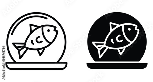 Fish in glass bowl icon set featuring outline and solid glyph styles for pet shop aquarium marine life design projects