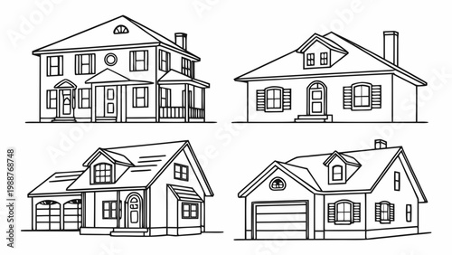 A set of four different house designs in a simple line art style