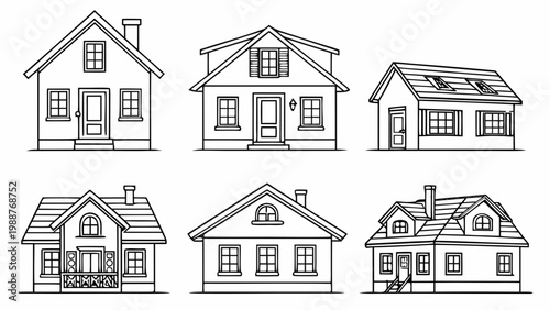 A set of six different house designs in a simple line art style