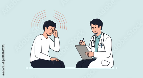 Doctor Consults Patient Experiencing Headache and Dizziness, Medical Consultation