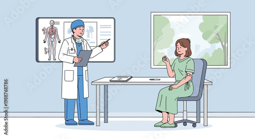 Doctor Consults Patient in Medical Office with Anatomical Chart