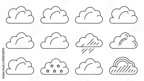 A set of minimalist cloud icons in a simple line art style for weather forecasting