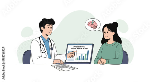 Doctor discusses mental health treatment plan with patient, brain icon above head