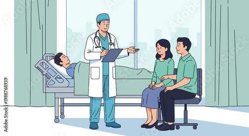 Doctor consults with family about patient in hospital room, healthcare concept