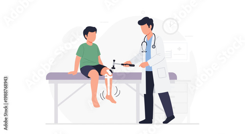 Doctor examines child's knee reflex with reflex hammer, medical check-up