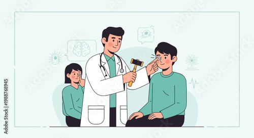 Doctor examines child's reflexes with reflex hammer, another child watches, medical checkup