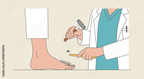 Doctor examines foot reflexology with hammer and brush, testing nerve response.