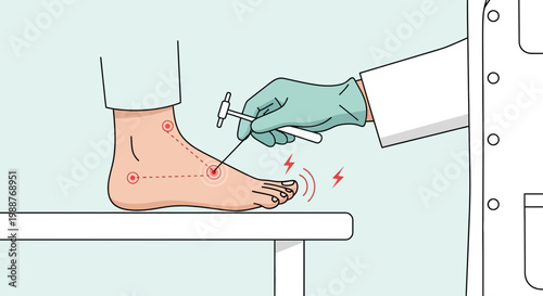 Doctor examines foot with reflex hammer, diagnosing nerve pain and neurological issues.