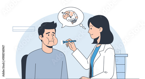 Doctor examines patient's brain health with light, patient looks worried