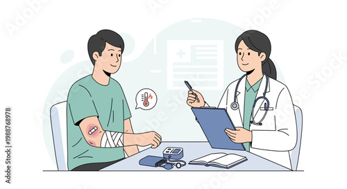 Doctor examines patient's injured arm with bandage and bruise, medical consultation