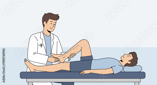 Doctor examines patient's leg on examination table, physical therapy concept