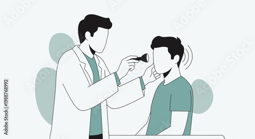 Doctor examines patient's ear with otoscope, medical checkup, healthcare concept