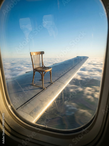 Wooden Chair Mounted on Airplane Wing in Flight, Surreal Travel Concept, Extreme Aviation Humor, Impossible Floating Furniture Scene Isolated Style.